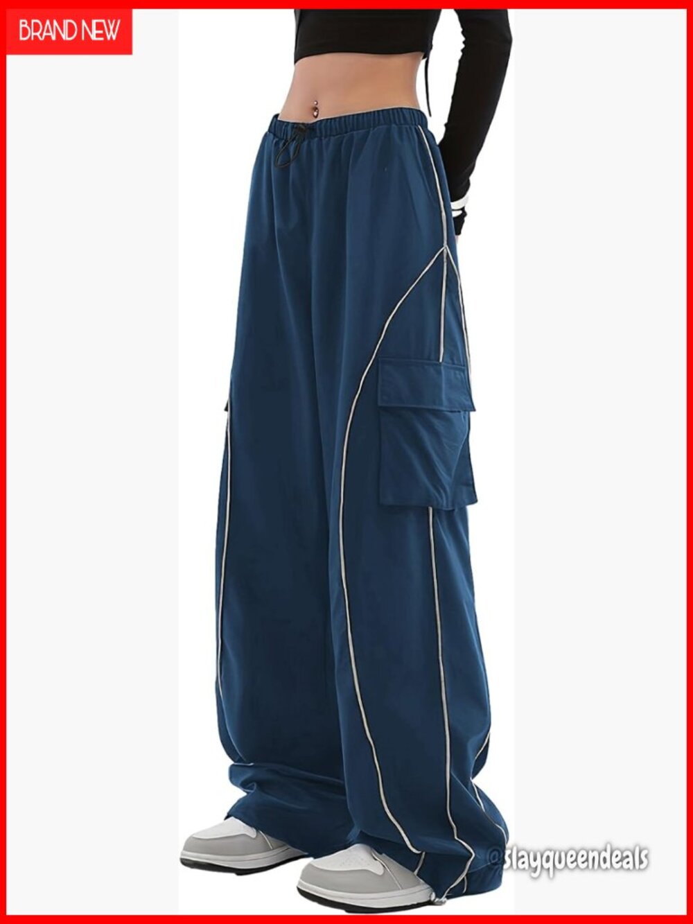 Baggy Cargo Pants Elastic Waist Y2K Parachute Track Pants Wide Leg with Pockets - Picture 1 of 6